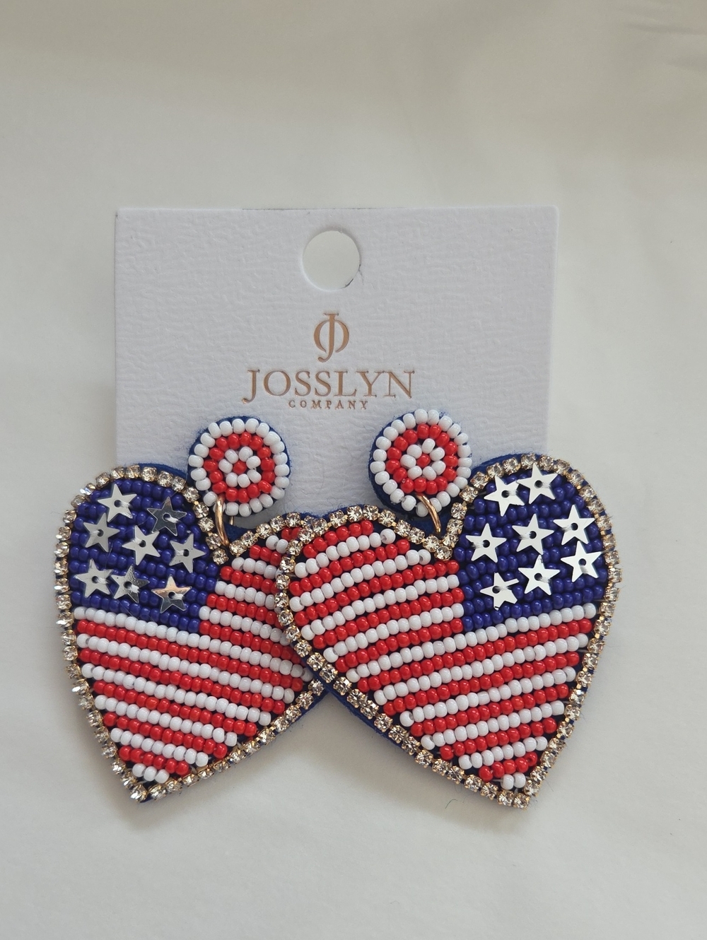 Josslyn Beaded USA Flag Heart Drop Earrings - Red White Blue